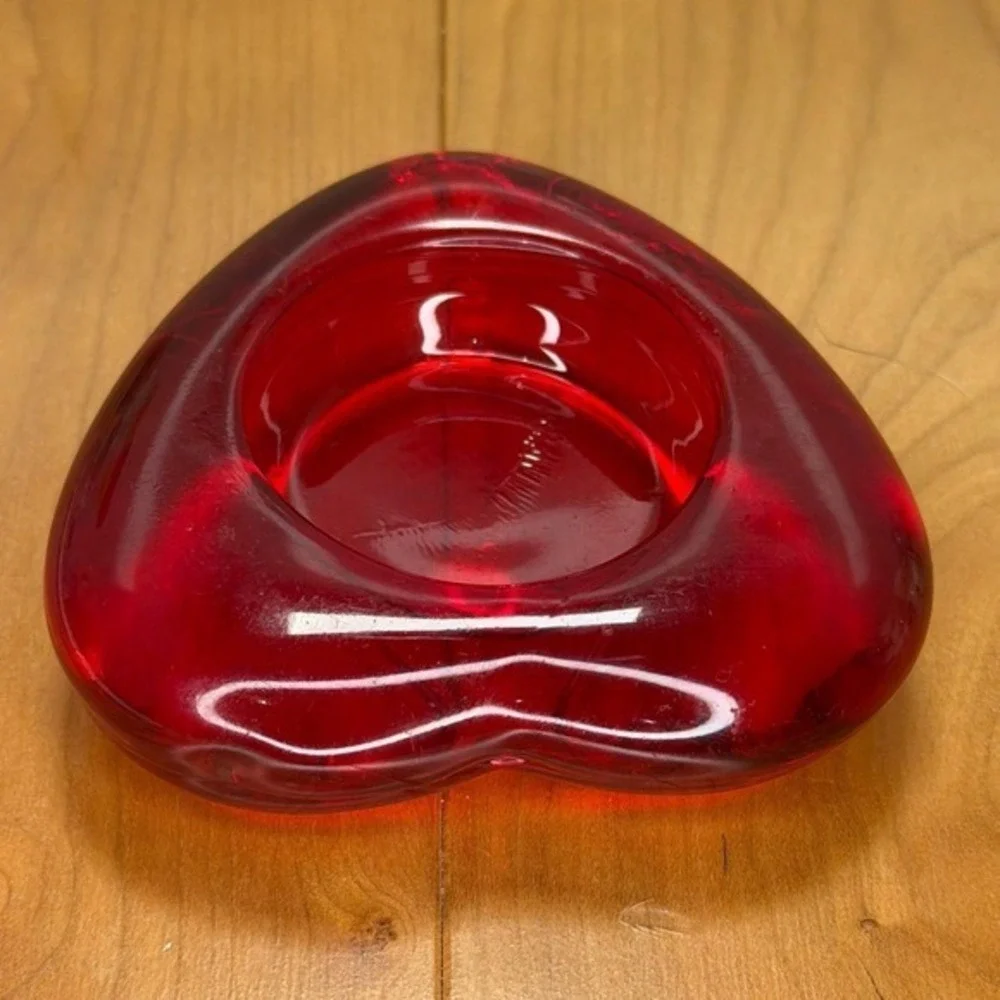 Red Art Glass Heart Votive Candle Holder Embossed 42 Ruby Red Valentines Decor